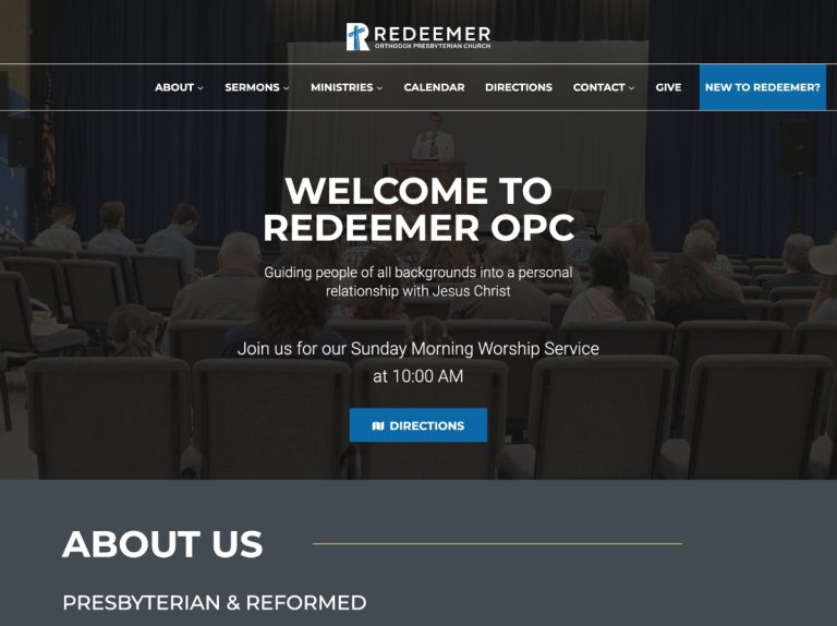 image of homepage of Redeemer OPC with welcoming title on hero image of the inside of the church