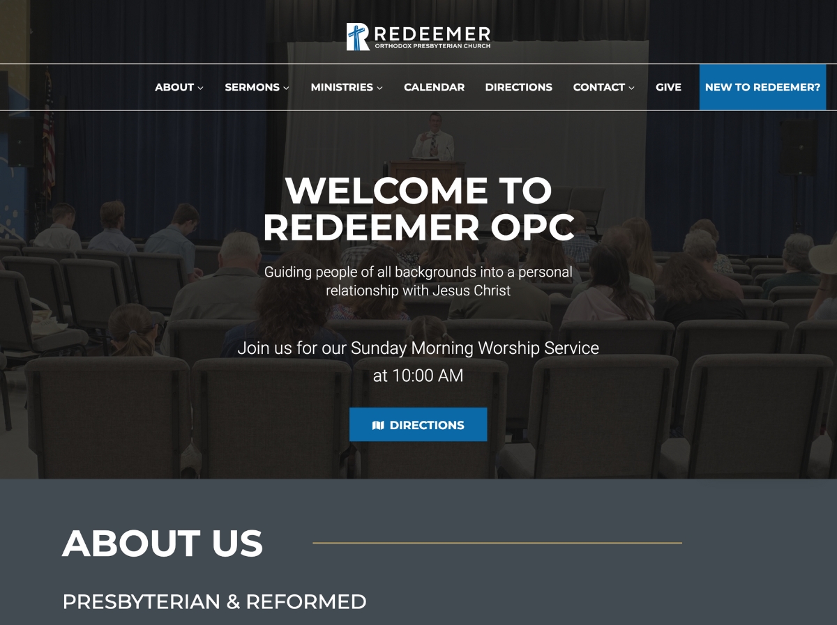 image of homepage of Redeemer OPC with welcoming title on hero image of the inside of the church