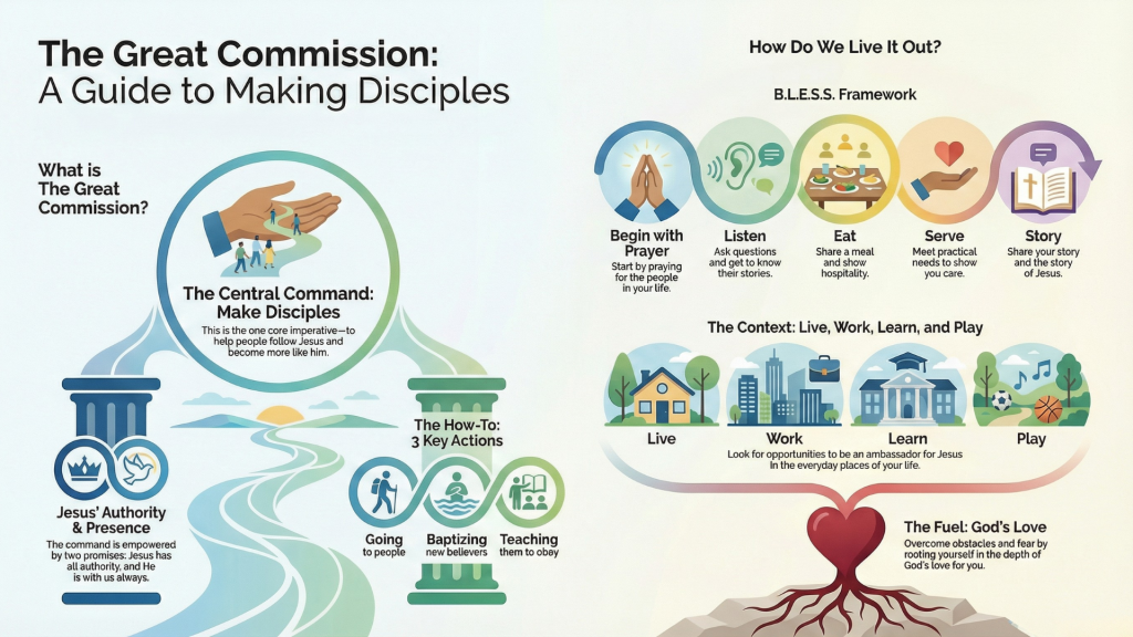 Infographic explaining the Great Commission and the B.L.E.S.S. framework for making disciples in everyday life.